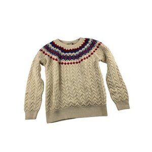 Appleseeds Petite Cable Knit Sweater PM Cream With Multicolor Fair Isle Pattern